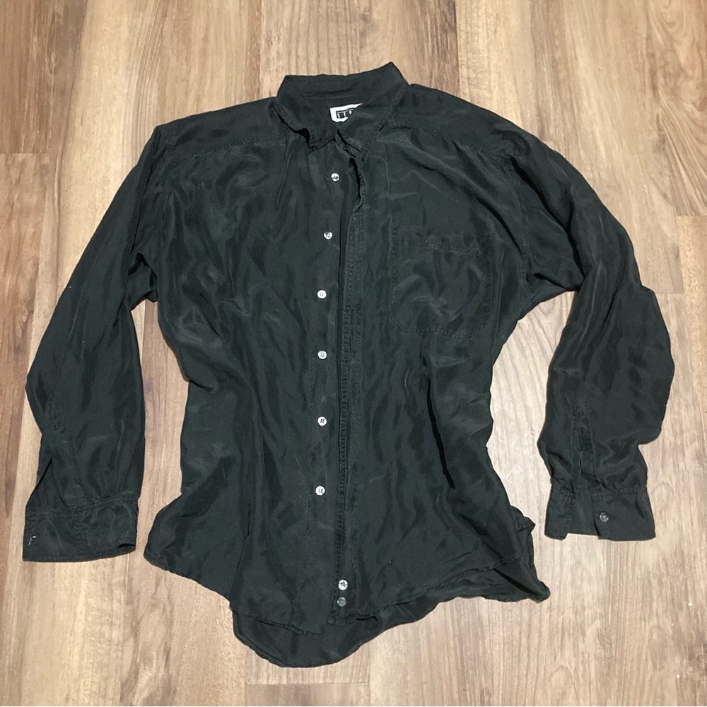 Vintage 90s Black Silk Button Up Shirt Sz XL